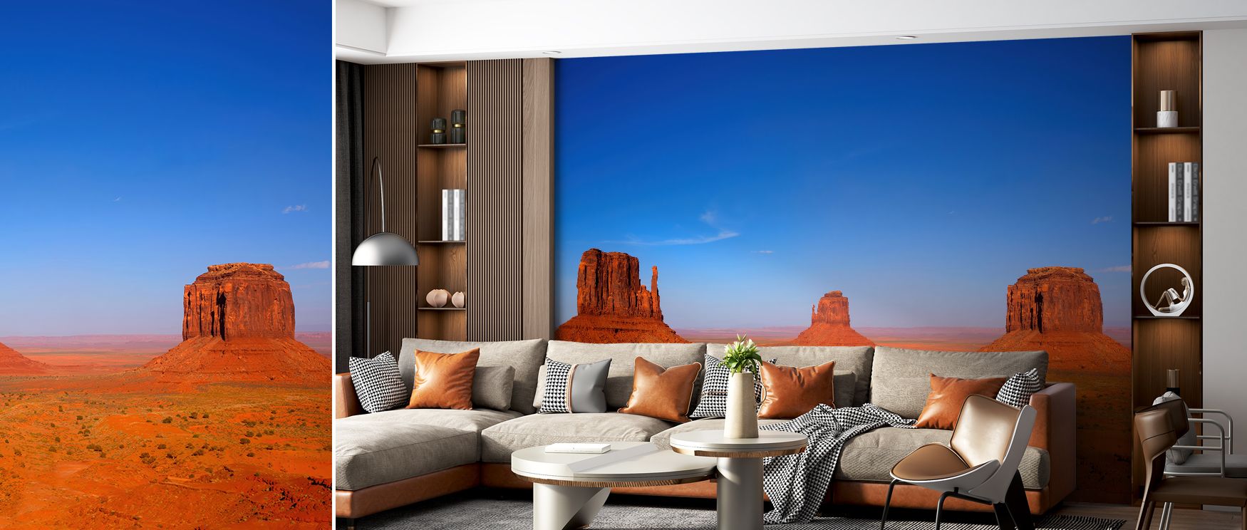 Desert plains stretch endlessly beneath glowing skies, producing interiors of calm sophistication. This wallpaper’s artistry enhances bedrooms, offices, and living rooms with natural depth, celebrating the magnificence of Monument Valley. 
