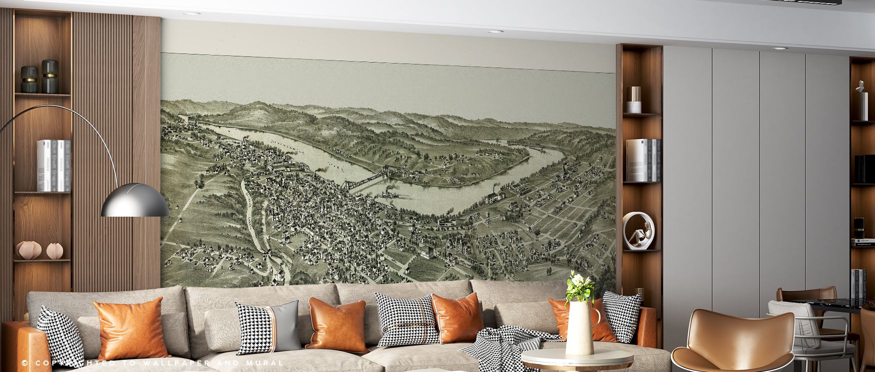 Detailed lines trace the city of Morgantown, offering interiors historical depth and sophistication. This wallpaper transforms walls into maps of memory, enriching living rooms, studies, and offices with elegance. Its warm tones create inviting atmosphere