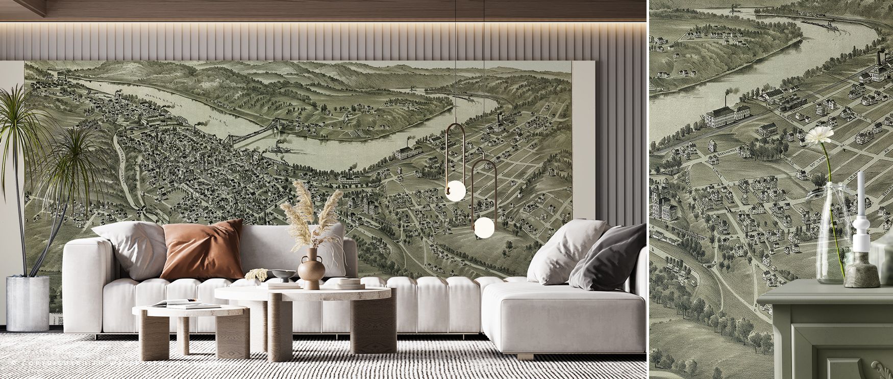 Morgantown’s 1897 map unfolds across walls, celebrating history through intricate details. This wallpaper turns interiors into scholarly sanctuaries, offering atmosphere, warmth, and refined cultural presence. 
