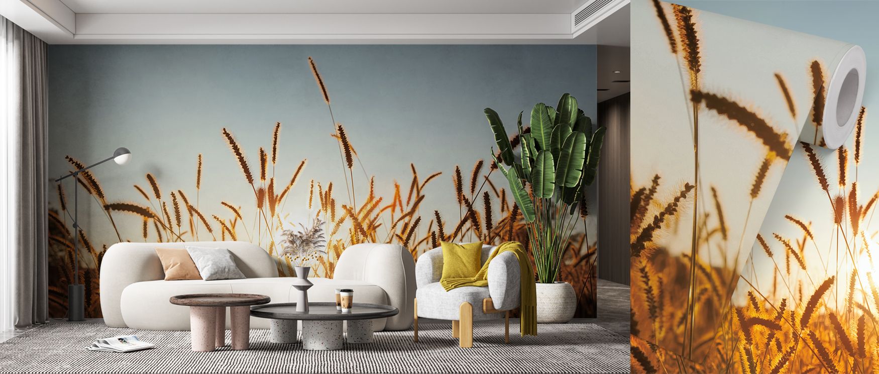 Golden hues of grain glow with quiet strength, transforming walls into landscapes of peace. This wallpaper enriches living rooms, offices, or bedrooms with rustic charm, offering spaces natural balance and calm presence. 