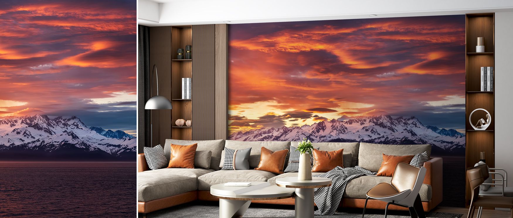 Snowy ridges and soft gradients in this scenic wallpaper evoke the commanding presence of Mount Fairweather while blending with interiors to craft serene yet dramatic walls, offering both inspiration and restfulness in spaces such as offices or family roo