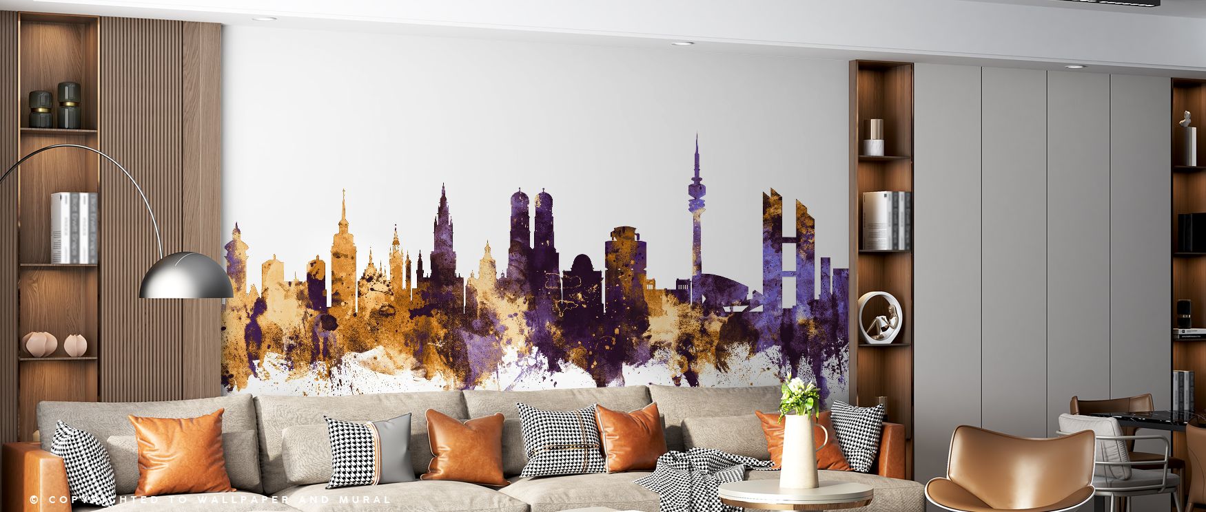The Munich Skyline Purple & Gold Wallpaper displays the grandeur of city architecture against a regal backdrop, blending deep purple tones with golden silhouettes that shimmer across the wall, making interiors feel both contemporary and timeless, ideal fo