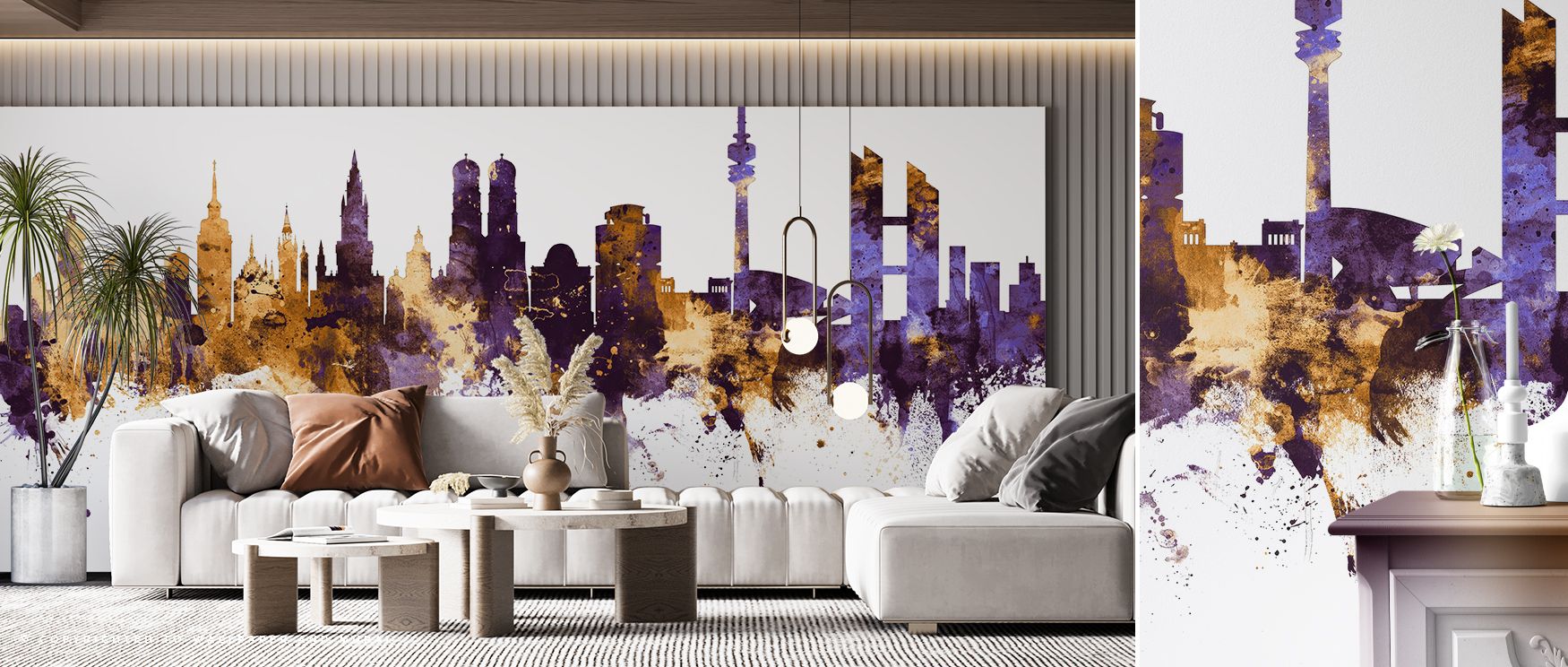 The design captures Munich’s skyline in radiant detail, combining purple depth with gold brilliance to create a wall treatment that feels vibrant and stylish, ideal for adding contemporary sophistication in living rooms or bedrooms where modern design ins