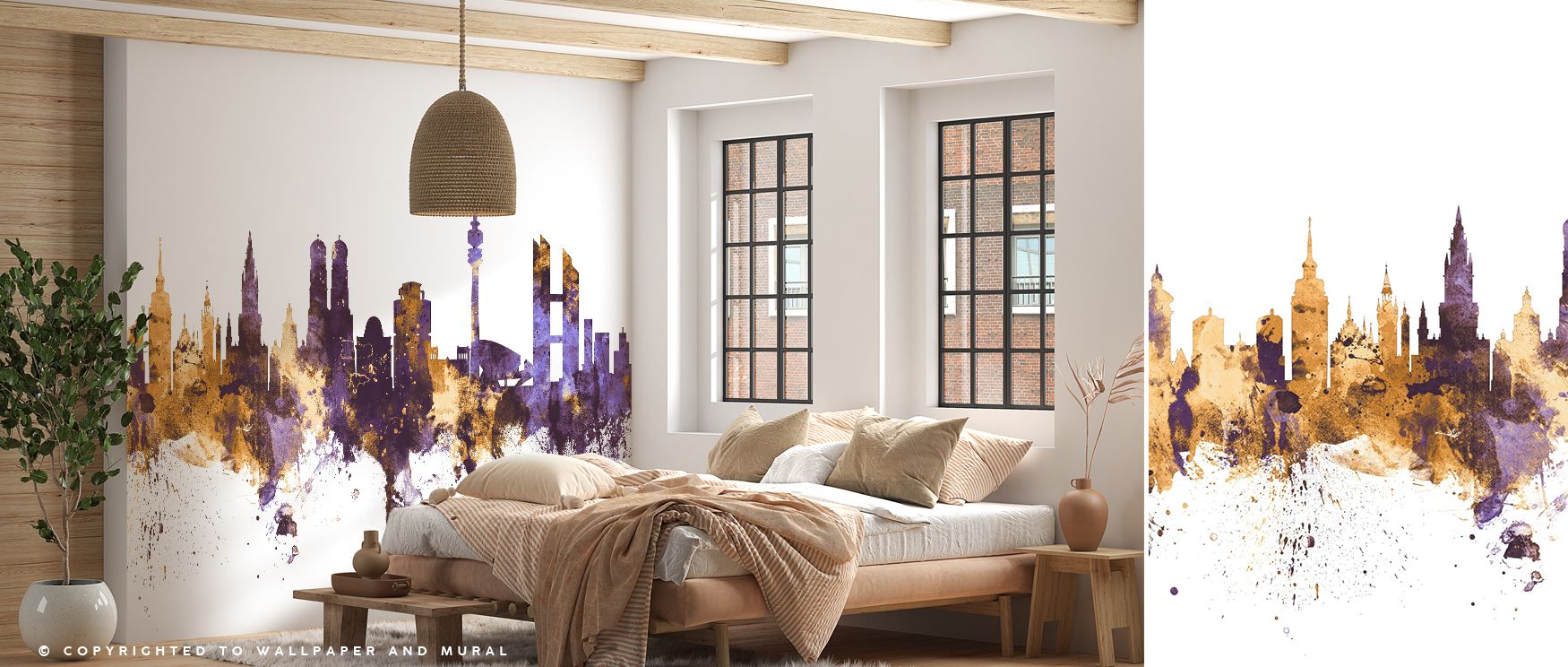 Against a royal-toned purple base, shimmering golden architecture emerges, celebrating Munich’s beauty while offering interiors a sense of grandeur and charm, perfect for transforming home offices or bedrooms into spaces filled with cultural richness, vis