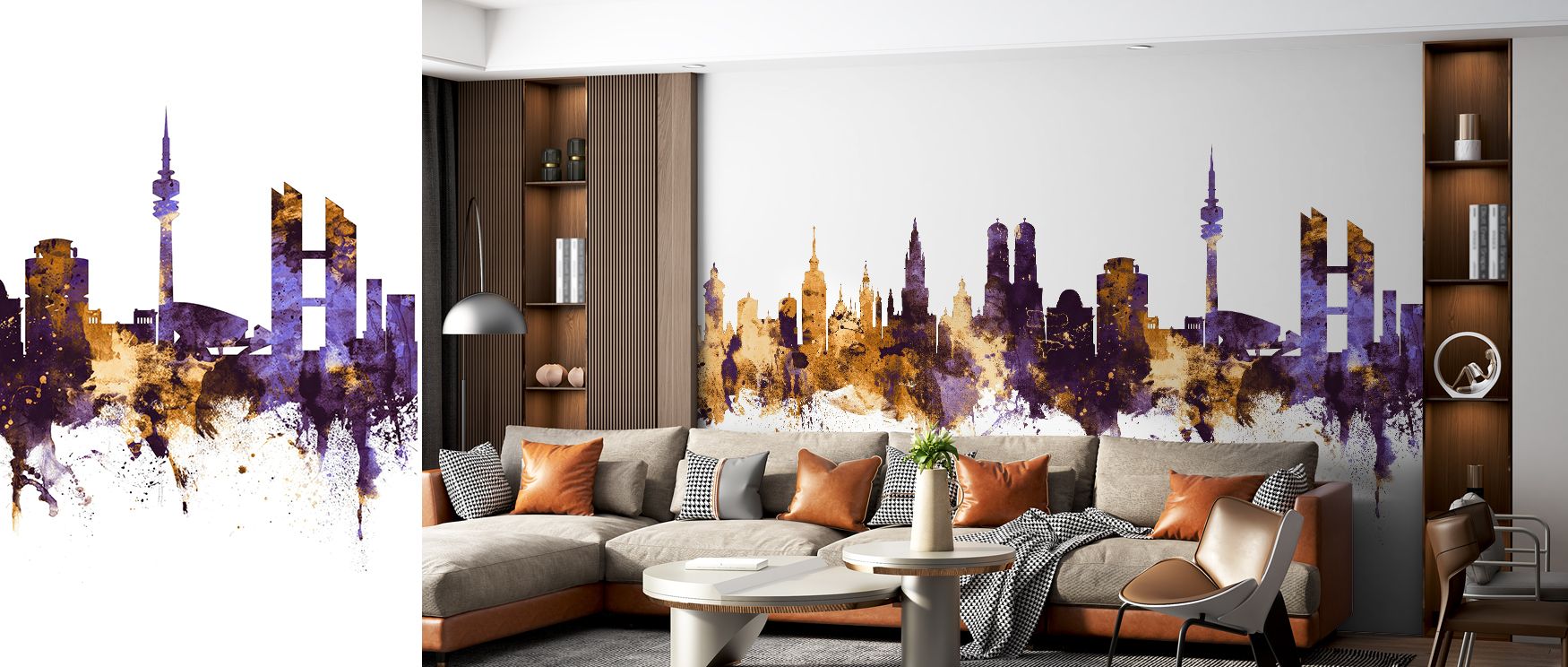 This wallpaper embodies modern elegance, depicting Munich’s skyline with regal tones and reflective highlights that bring movement and character to walls, making it an excellent choice for living rooms or studies where design meets cultural appreciation i