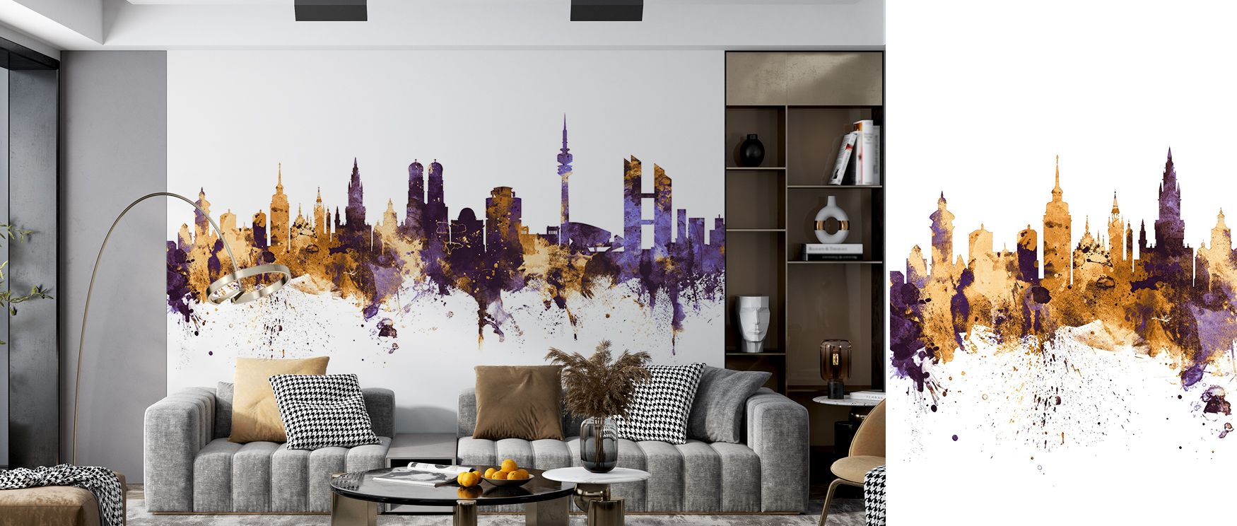 The Munich skyline emerges with golden brilliance atop purple shadowed skies, crafting an atmosphere of refinement and vibrancy, suitable for living rooms, offices, or bedrooms where interiors gain depth and identity, inviting moments of admiration while 