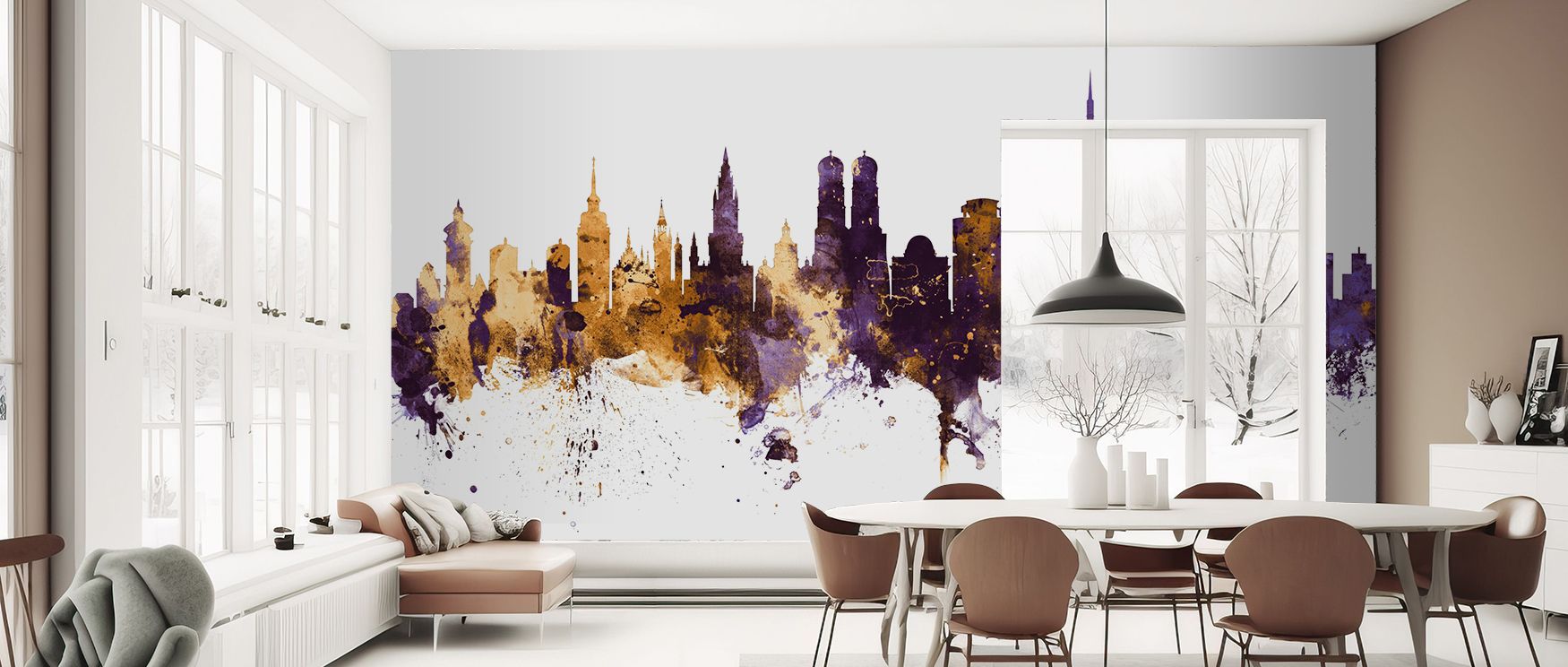 This design reimagines Munich’s cityscape with shimmering golden accents contrasting richly with deep purple hues, creating interiors that glow with elegance and charm, suitable for enhancing bedrooms or offices with cultural allure, making walls into can
