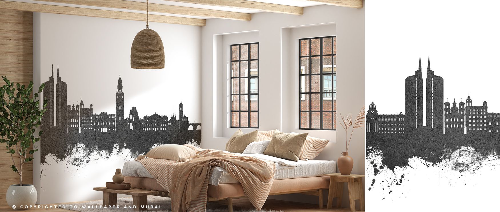 Detailed architectural silhouettes in monochrome create a wallpaper that feels artistic and contemporary, making rooms feel expansive and stylish, ideal for transforming offices or bedrooms into places of sophistication where the skyline of Murcia serves 