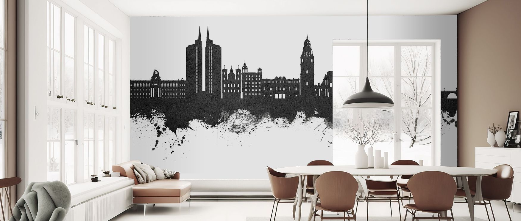 The wallpaper presents Murcia’s cityscape with monochrome refinement, allowing rooms to feel balanced and artistic while evoking both cultural pride and contemporary style, ideal for living spaces or studies that need strong visual interest combined with 