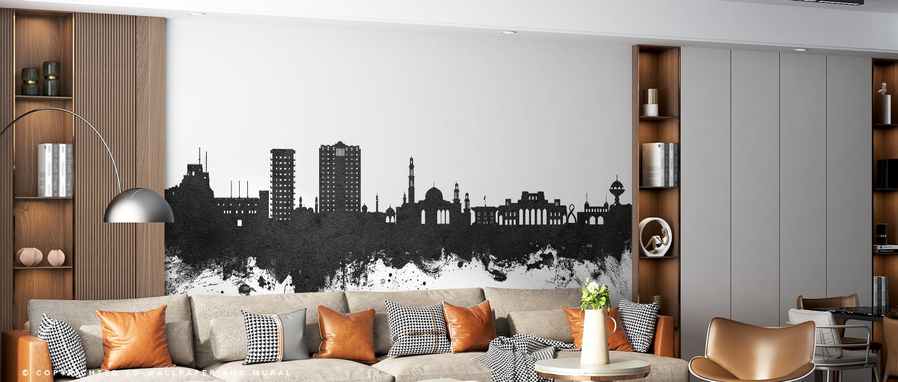 Muscat Oman Skyline Black & White Wallpaper presents bold silhouettes of architecture that rise elegantly in monochrome tones, making walls feel cultured and stylish, ideal for enhancing offices, living rooms, or bedrooms with timeless artistry and dramat