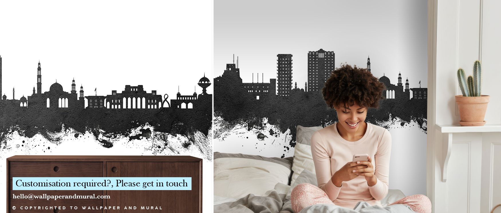 This wallpaper interprets Muscat’s skyline in refined black and white, giving interiors strong decorative presence while maintaining minimalist sophistication, perfect for transforming studies or bedrooms into spaces of cultural depth and timeless style, 