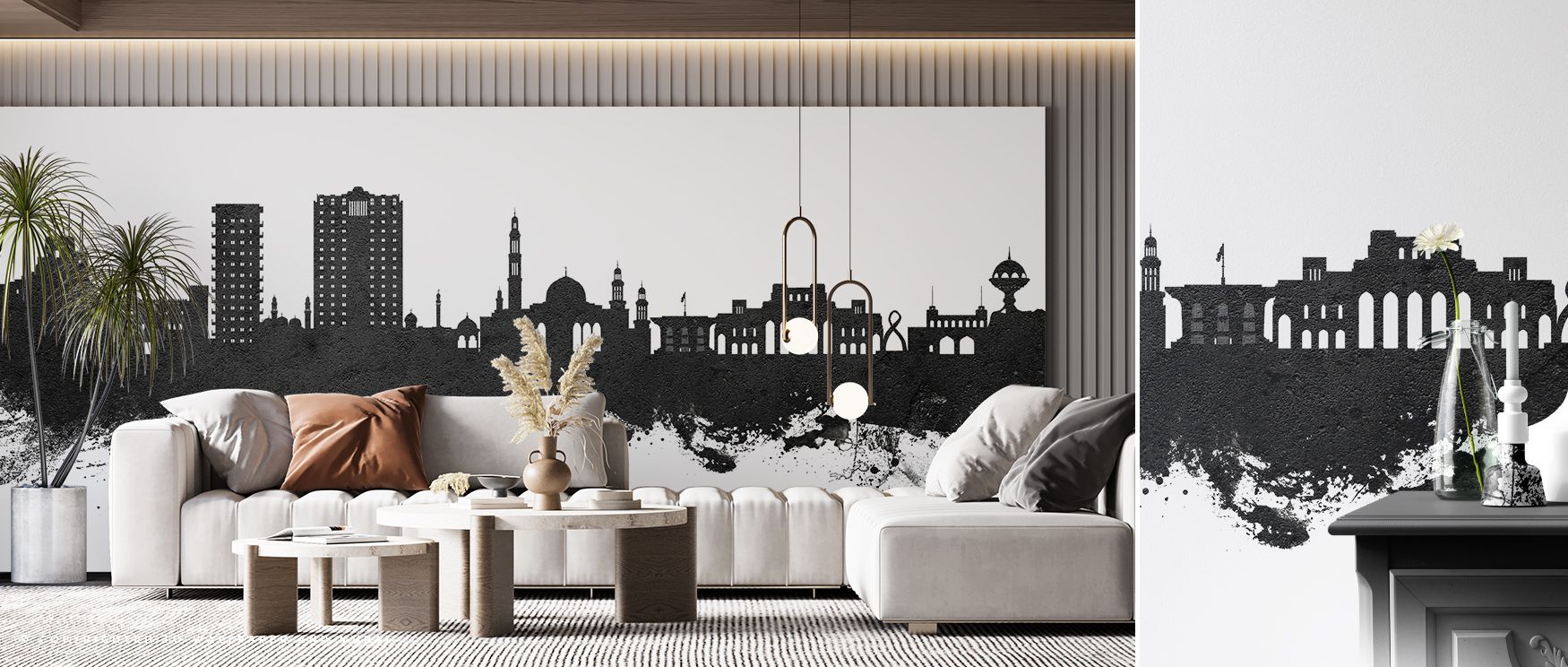 The black and white composition of Muscat’s skyline creates a powerful visual statement that enhances interiors with elegance, offering a versatile wall treatment suitable for living rooms, offices, or bedrooms where cultural artistry enriches décor with 