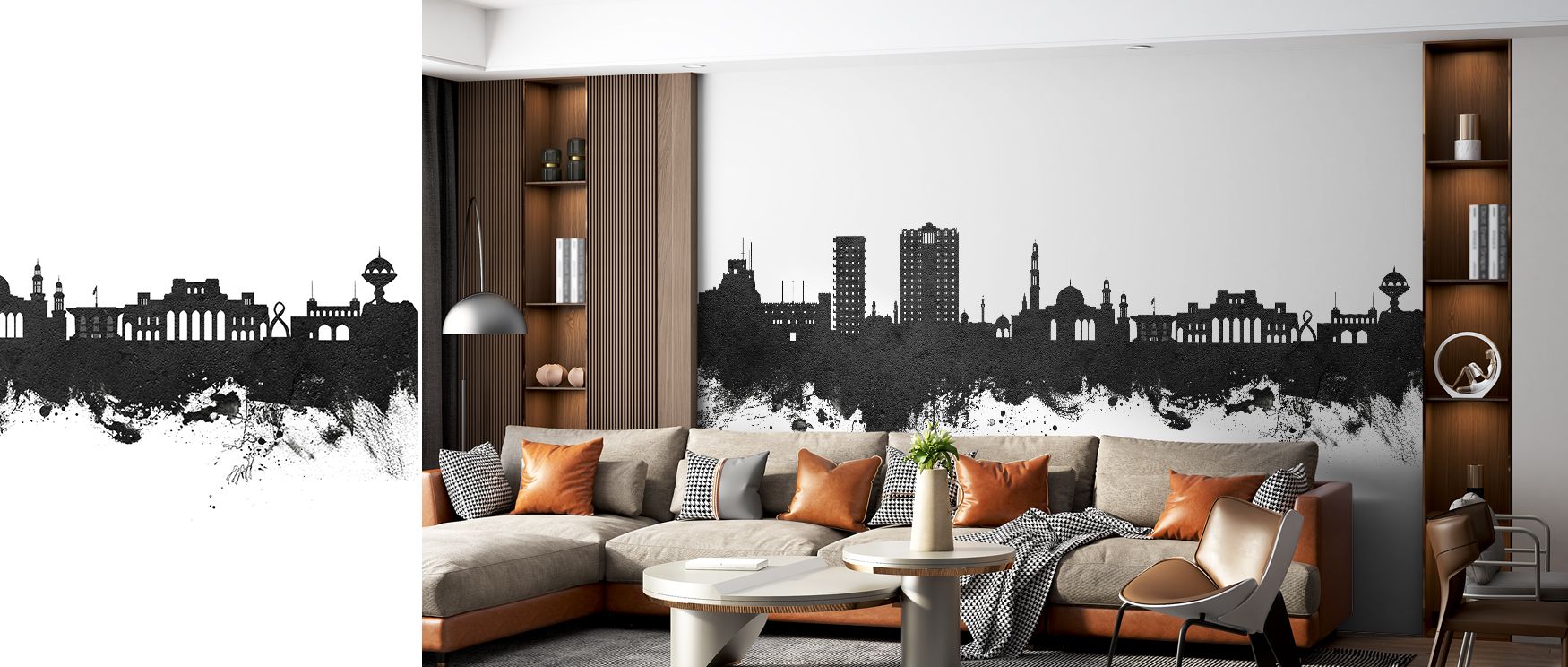 This skyline wallpaper captures Muscat’s beauty in striking monochrome, making interiors feel stylish and artistic while celebrating architecture, ideal for enhancing offices or living rooms with strong decorative identity and cultural charm, bringing ref