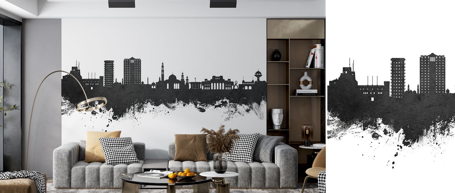 The Muscat Oman Skyline Black & White Wallpaper elevates interiors by presenting architecture in dramatic monochrome tones, allowing rooms to gain depth and character while embracing cultural artistry, suitable for bedrooms, offices, or living spaces wher