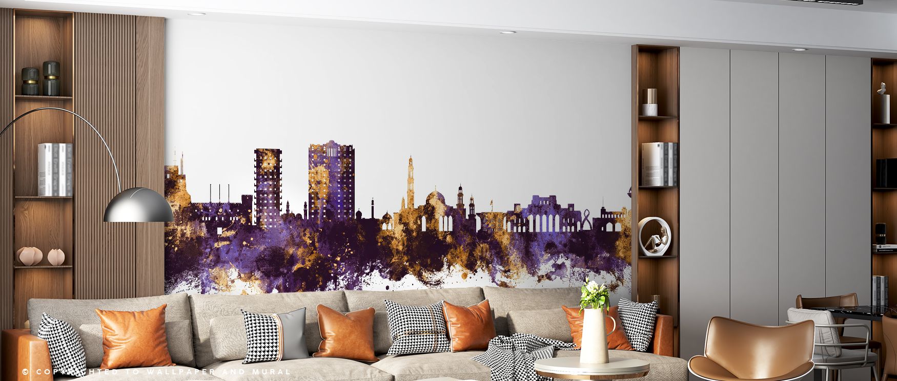 The Muscat Oman Skyline Purple & Gold Wallpaper displays radiant architecture illuminated in glowing gold against deep purple tones, creating a wallpaper that feels regal and sophisticated, ideal for living rooms or offices where interiors demand dramatic