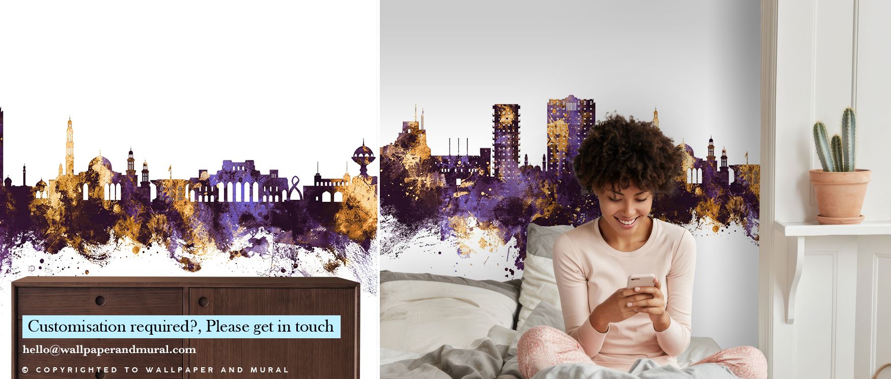 This wallpaper highlights Muscat’s iconic skyline with luminous golden silhouettes shimmering against royal purple, turning walls into statements of elegance and cultural pride, perfect for bedrooms or studies where interiors need warmth, sophistication, 