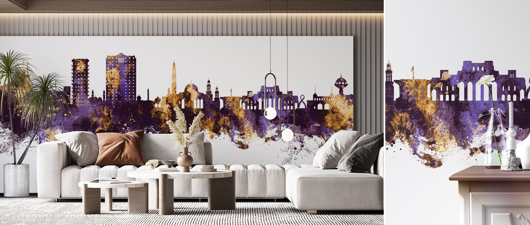 The design interprets Muscat’s skyline in luxurious purple and gold, creating walls that feel vibrant and cultured, offering interiors a balance of tradition and modernity, suitable for living rooms, offices, or bedrooms where artistic elegance and dramat