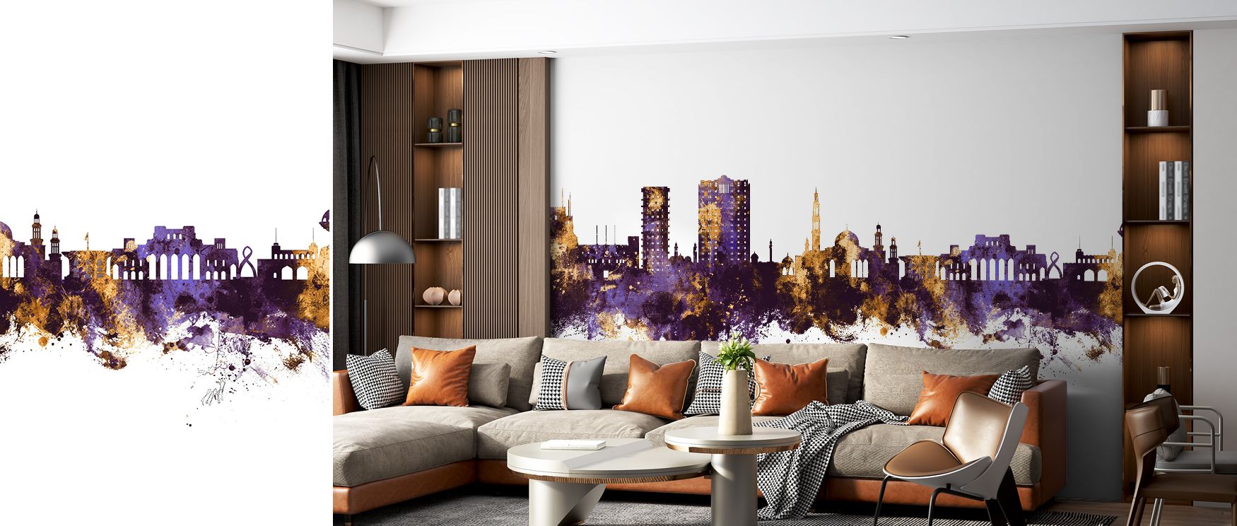 The Muscat Oman Skyline Purple & Gold Wallpaper captures cultural artistry in radiant tones, adding a dramatic flair to interiors while maintaining elegance, ideal for spaces where decorative boldness is desired, making walls into captivating focal points