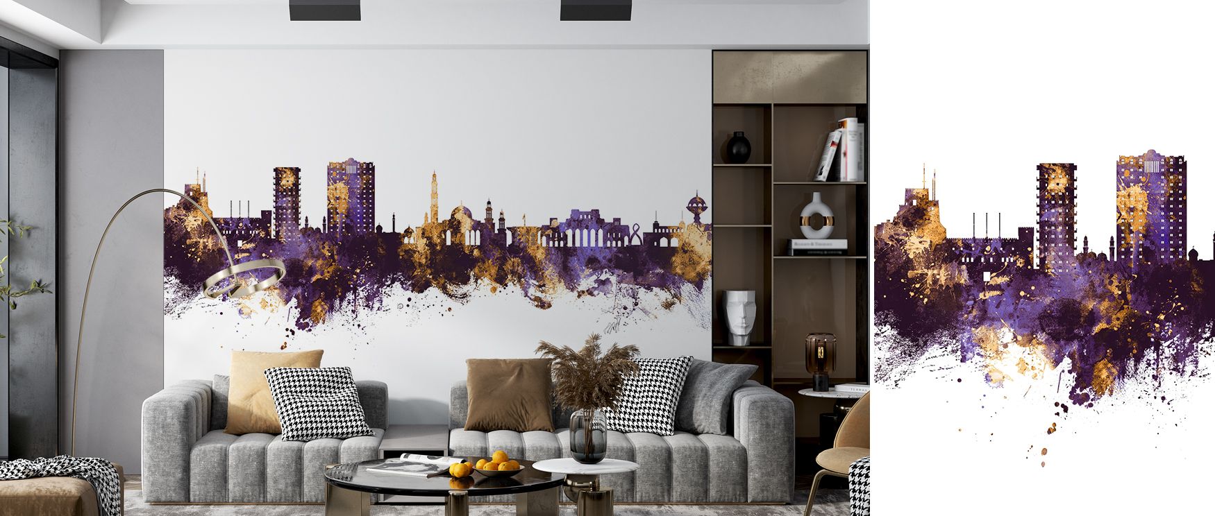 This wallpaper celebrates Muscat’s skyline with bold purple hues layered with shimmering gold, creating interiors that glow with artistic elegance, making it a refined choice for living rooms or bedrooms where heritage blends with modern design to form sp