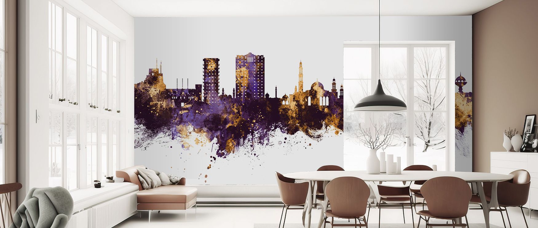 Muscat’s skyline rendered in purple and gold transforms interiors into striking artistic statements, offering elegance and warmth that enriches bedrooms or living spaces with cultural pride, making décor feel regal while maintaining timeless design charm 