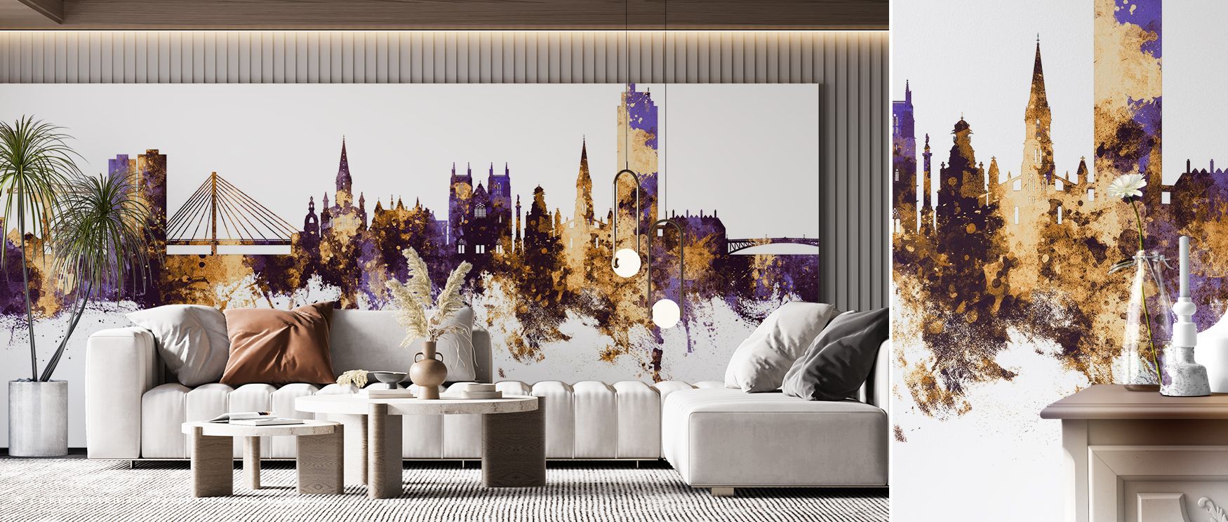 Rich color contrasts define this wallpaper, where purple depth and golden silhouettes create vibrant visual balance, transforming interiors into stylish reflections of cultural charm, perfect for bedrooms or studies where decorative flair enriches design 