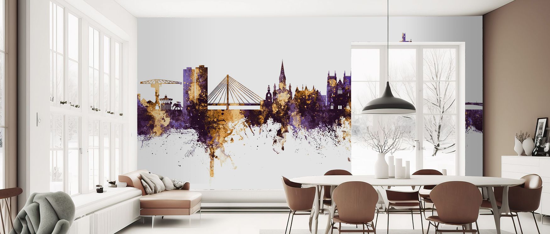 The Nantes Skyline Wallpaper adds dramatic flair, with luminous architecture rising against rich purple, making interiors vibrant and stylish, perfect for bedrooms or studies where walls need cultural artistry and design presence, turning spaces into bold