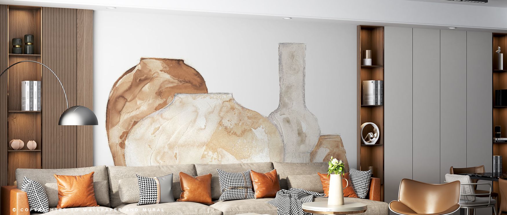 Neutral Vases Vibes Abstract Wallpaper captures serenity through vase-inspired patterns and soft abstraction, offering interiors subtle decorative balance, suitable for bedrooms or offices where walls need calming artistry, turning spaces into refined ref