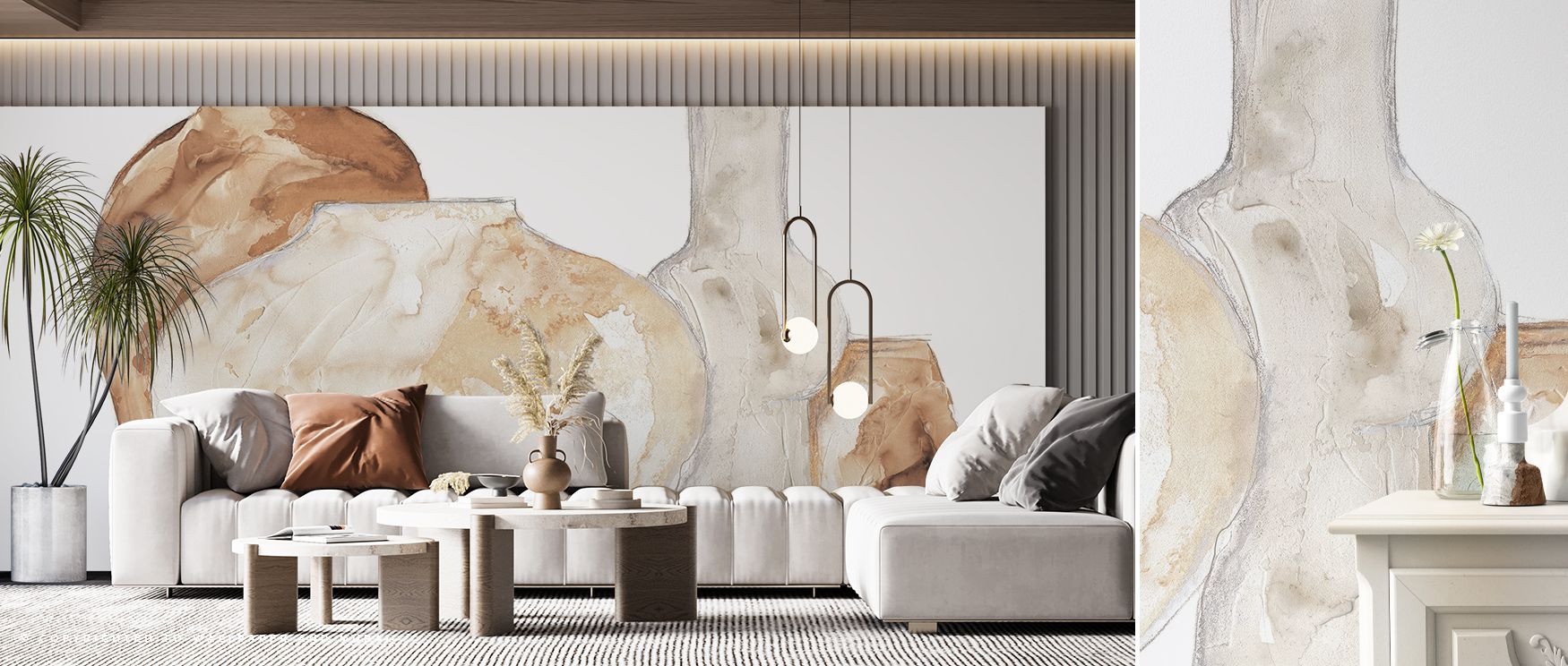 Soft neutral tones and vase-inspired abstraction define this wallpaper, creating interiors filled with calm and balance, ideal for bedrooms or offices where tranquility enhances atmosphere, allowing walls to feel refined while adding decorative charm and 