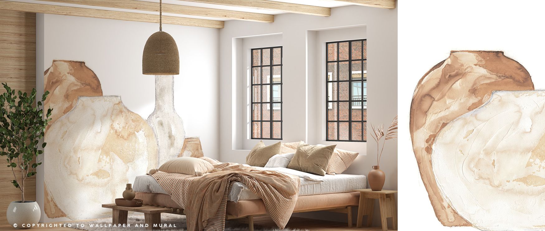 The design highlights abstract vase-inspired forms in a serene palette, making interiors restful and stylish, perfect for enhancing bedrooms or living rooms with calm decorative presence, turning walls into refined canvases that reflect both artistic insp