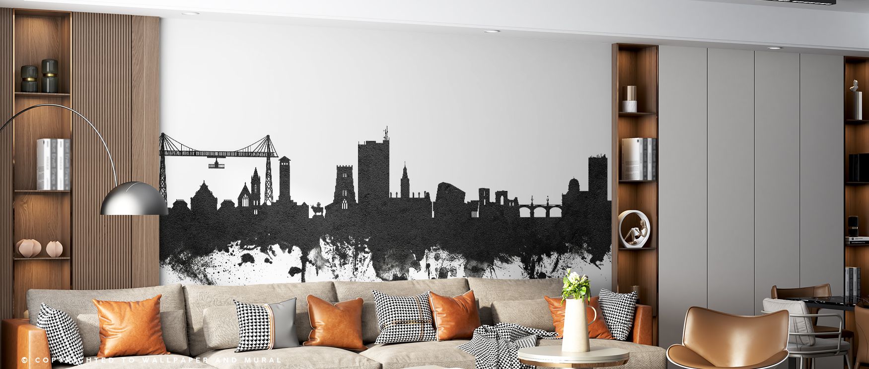 Newport Wales Skyline Black & White Wallpaper captures architectural silhouettes in striking monochrome, producing interiors filled with bold decorative presence, ideal for offices or bedrooms where cultural pride and modern sophistication merge, turning 