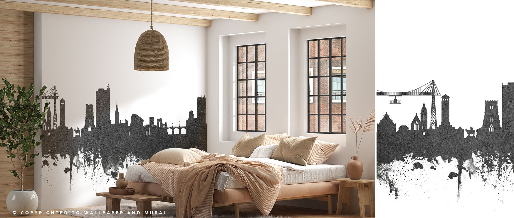 The skyline of Newport emerges in dramatic black and white tones, offering interiors strong decorative depth and balance, suitable for living rooms or studies where walls gain cultural refinement, creating spaces that feel both artistic and stylish while 