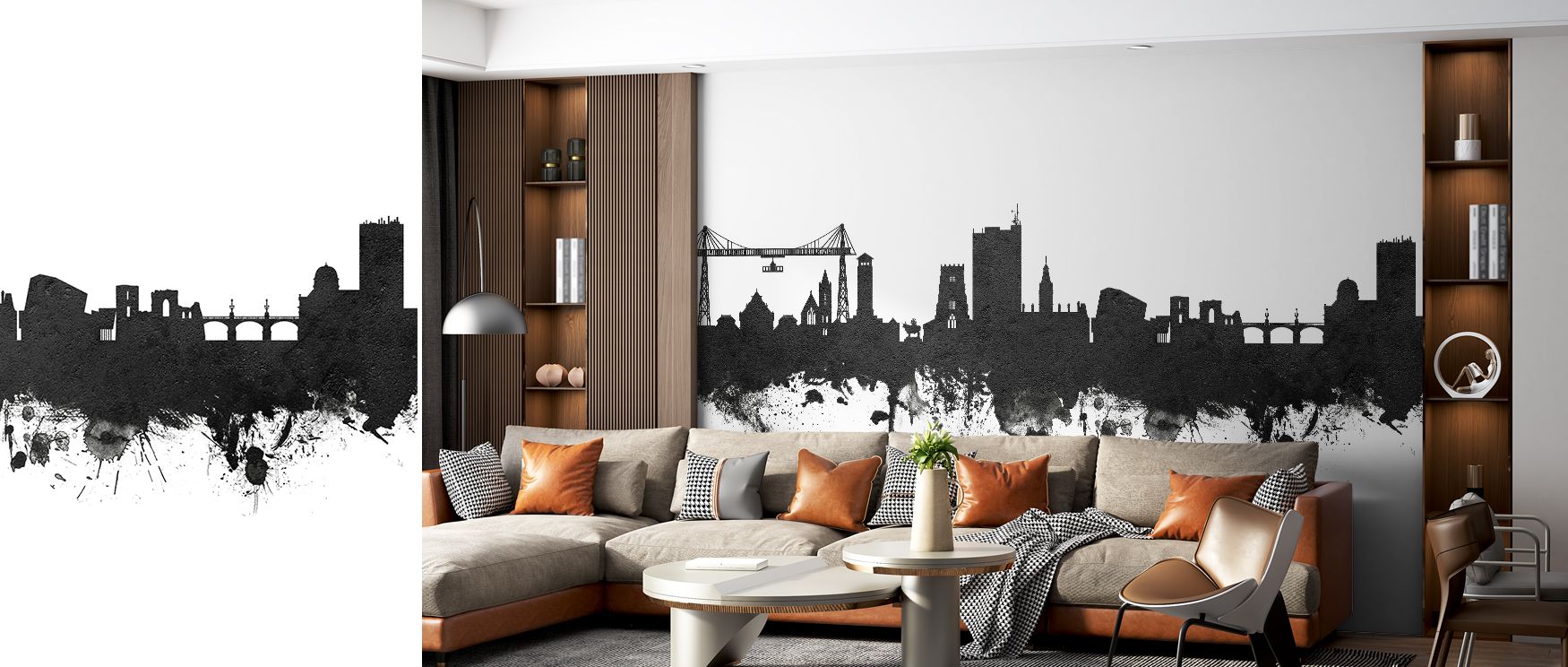 This wallpaper highlights Newport’s skyline in monochrome artistry, making interiors bold and elegant, perfect for bedrooms or offices where walls become striking decorative features, offering cultural depth and timeless sophistication expressed through d
