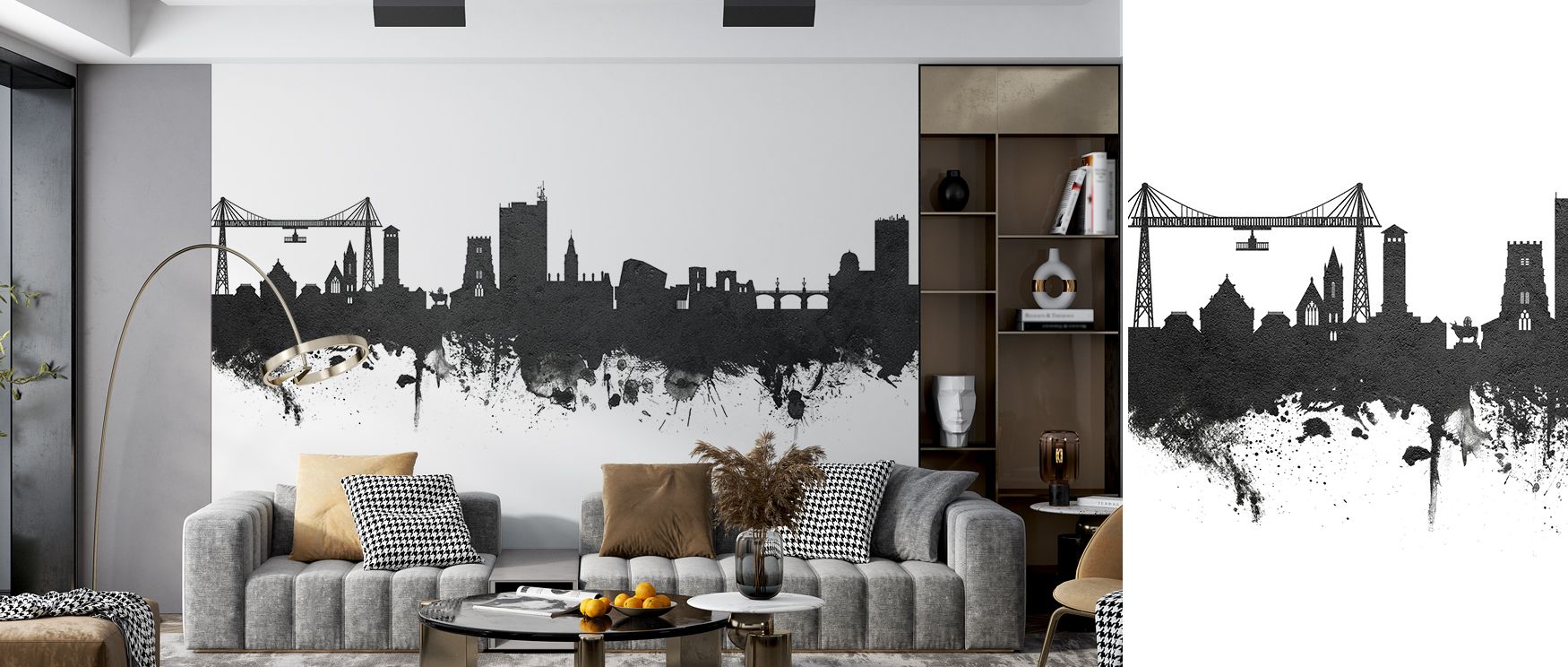 Bold silhouettes and contrasting tones transform walls with Newport’s skyline, providing interiors with cultural richness and artistic elegance, suitable for living rooms or offices where strong decorative presence is desired, turning spaces into stylish 