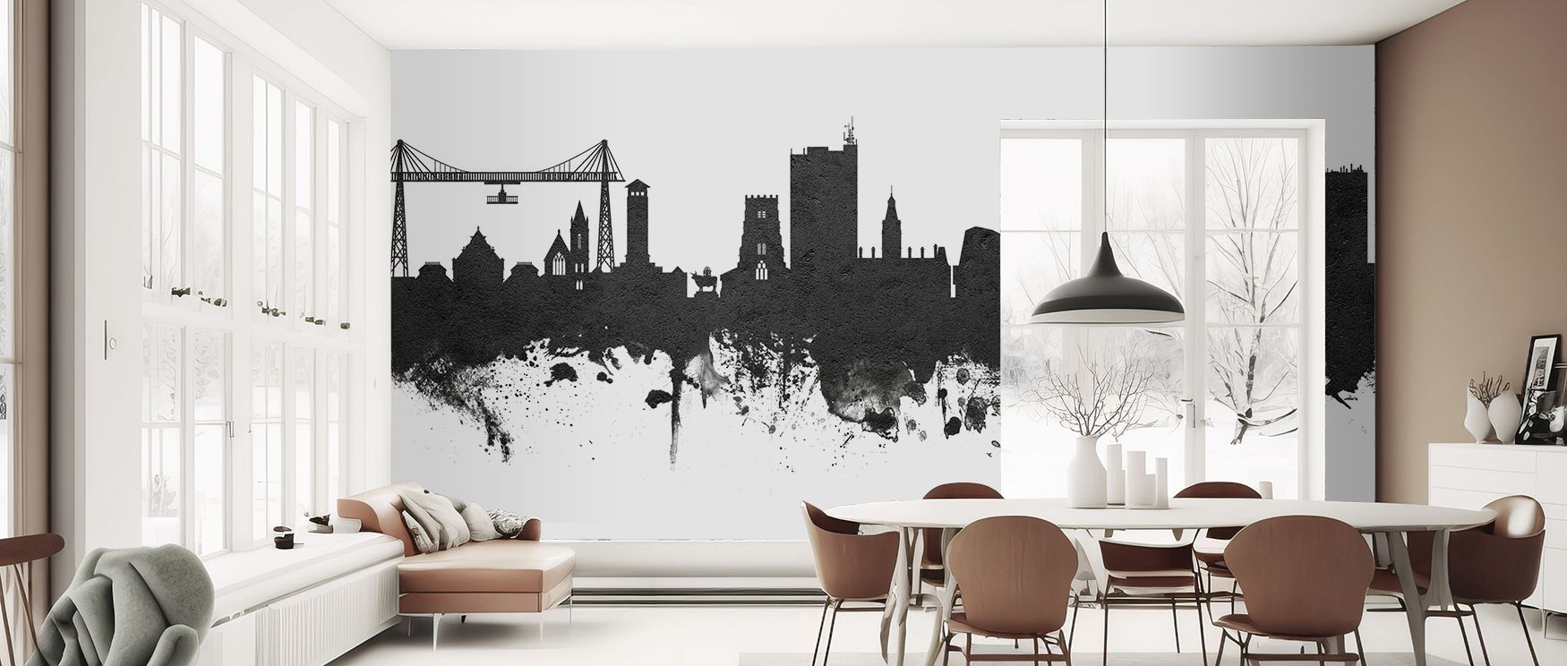 The design interprets Newport’s skyline in monochrome tones, creating interiors that feel cultured and stylish, perfect for bedrooms or living rooms where walls require strong decorative features, offering cultural presence and modern artistry that adds c