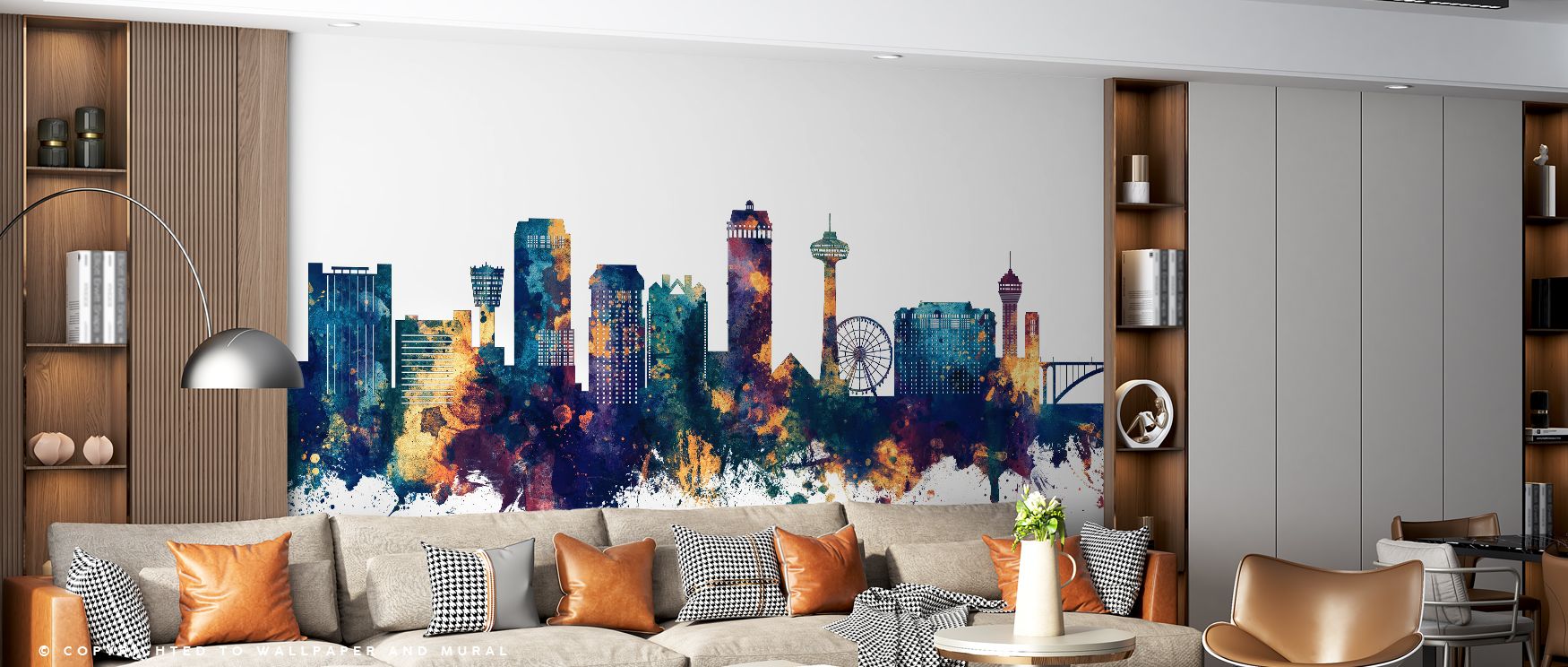 Niagara Falls Skyline Blue & Bronze Wallpaper pairs rich colors with bold architecture, producing interiors filled with strength and elegance, ideal for bedrooms or offices where decorative depth and cultural presence enhance design, making walls vibrant 