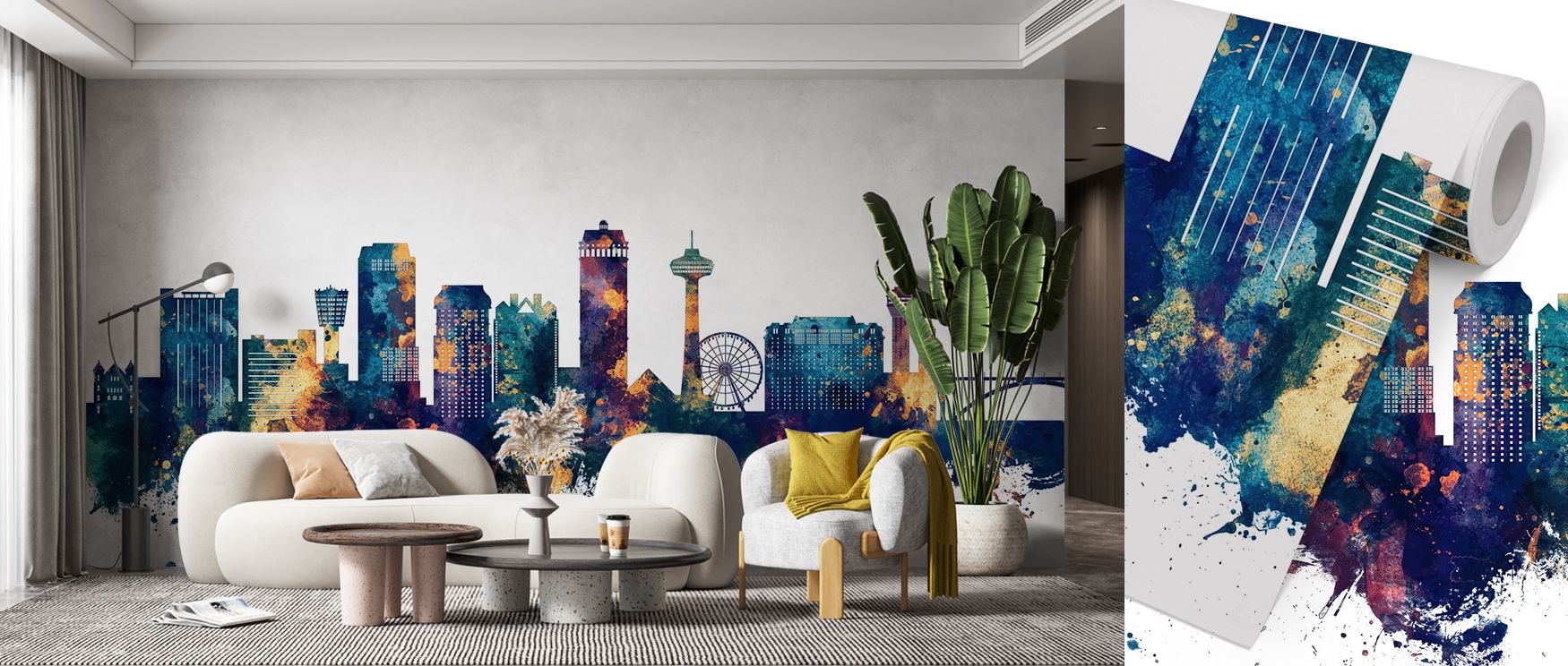 This wallpaper highlights the Niagara Falls skyline in dramatic tones of blue and bronze, turning interiors into artistic reflections of cultural pride, suitable for living rooms or bedrooms where walls gain richness and decorative sophistication through 