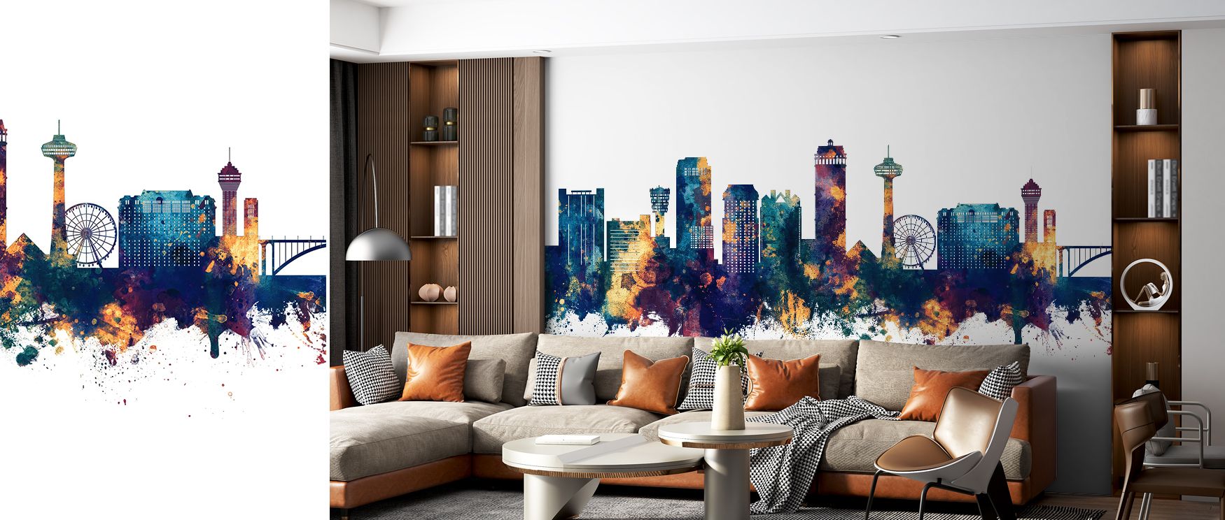 The skyline of Niagara Falls emerges in radiant blue and bronze, producing interiors filled with richness and depth, ideal for living rooms or bedrooms where design requires bold presence, making walls appear vibrant, cultured, and sophisticated through d