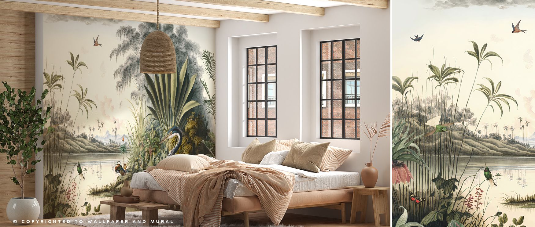 The design highlights expansive vistas of the Nile Delta, producing interiors filled with natural presence and decorative charm, suitable for bedrooms or living rooms where grandeur and calm enrich atmosphere, making walls timeless reflections of cultural