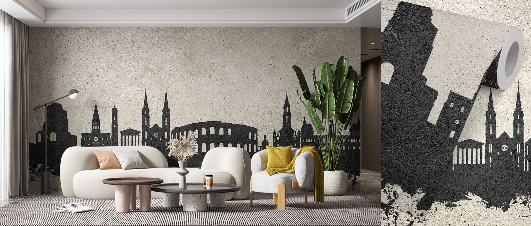 The skyline of Nîmes emerges in concrete-inspired tones, creating interiors filled with sophistication and cultural depth, ideal for living rooms or studies where walls require subtle decorative presence, offering heritage identity and modern refinement t