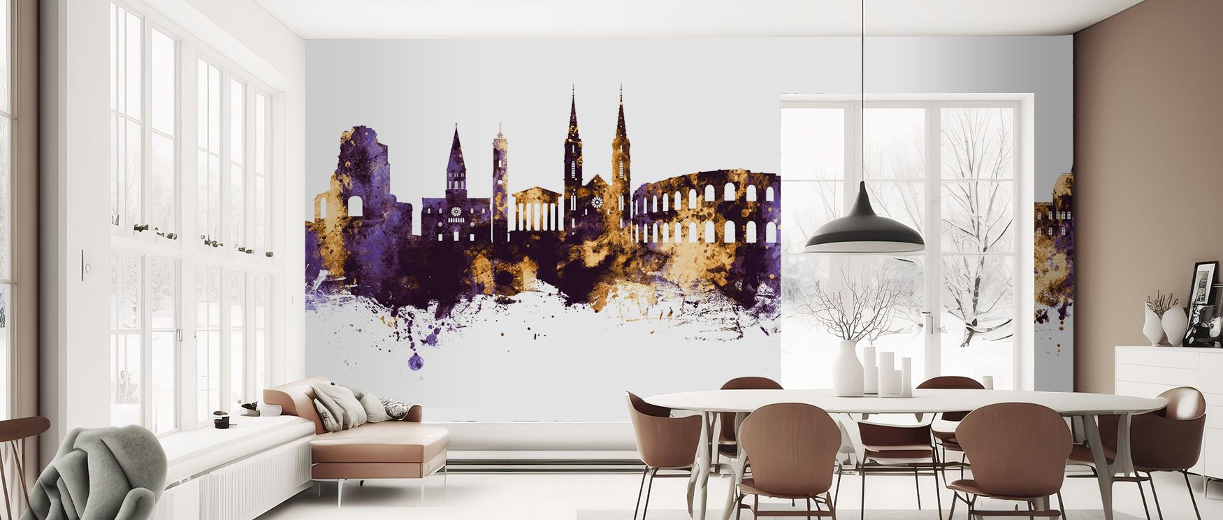 Nîmes France Skyline Purple & Gold Wallpaper portrays radiant architecture against purple depth, producing interiors filled with cultural refinement, ideal for bedrooms or offices where walls gain decorative sophistication, offering heritage presence with