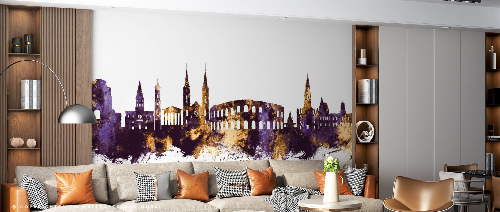 The skyline of Nîmes glows in golden silhouettes layered on deep purple, creating interiors filled with cultural richness and vibrancy, suitable for living rooms or bedrooms where bold decorative presence enhances atmosphere, making walls regal canvases o