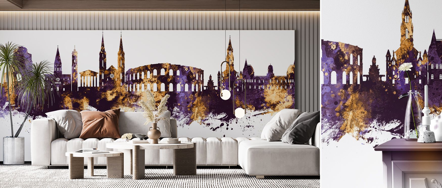 This wallpaper interprets Nîmes’ skyline in regal tones, producing interiors filled with dramatic elegance, perfect for offices or living rooms where walls reflect heritage and modern design, offering bold decorative artistry that balances cultural pride 