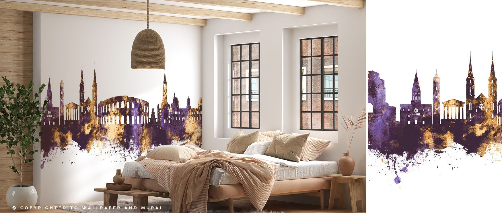 Golden highlights shine against purple depth, turning the Nîmes skyline into radiant decorative imagery, making interiors bold and cultured, ideal for bedrooms or studies where walls require artistic presence, offering refined design identity and cultural