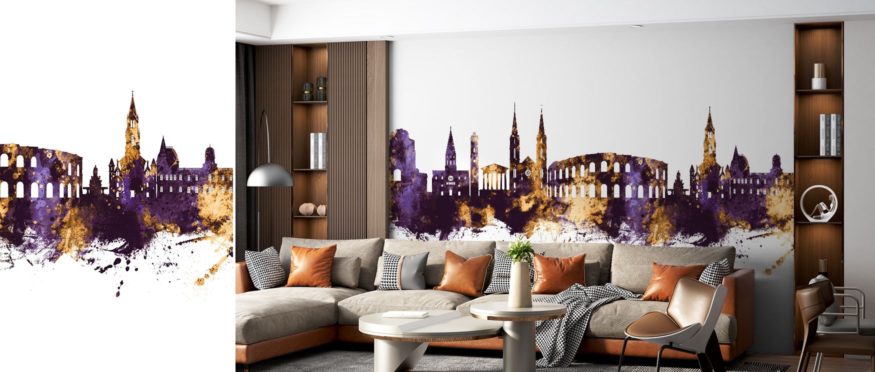 Nîmes France Skyline Purple & Gold Wallpaper blends tradition with bold artistry, producing interiors filled with regal decorative presence, suitable for living rooms or bedrooms where walls gain cultural depth and stylish identity, offering vibrancy and 