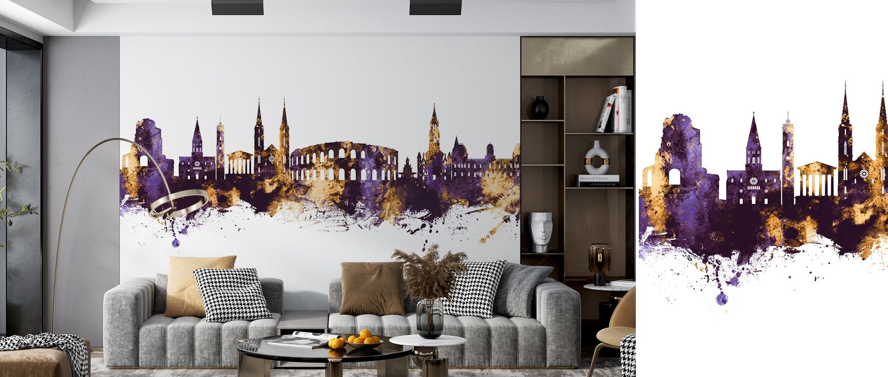 The design highlights architectural silhouettes in radiant tones, making interiors stylish and bold, perfect for enhancing offices or bedrooms with regal decorative presence, offering walls heritage identity and artistic refinement through glowing golden 