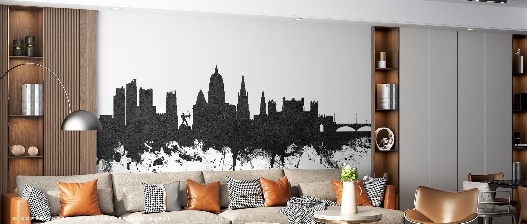 Nottingham England Skyline Black & White Wallpaper portrays cultural identity through bold monochrome detail, producing interiors filled with refinement, suitable for bedrooms or offices where walls require strong decorative presence, offering timeless ar