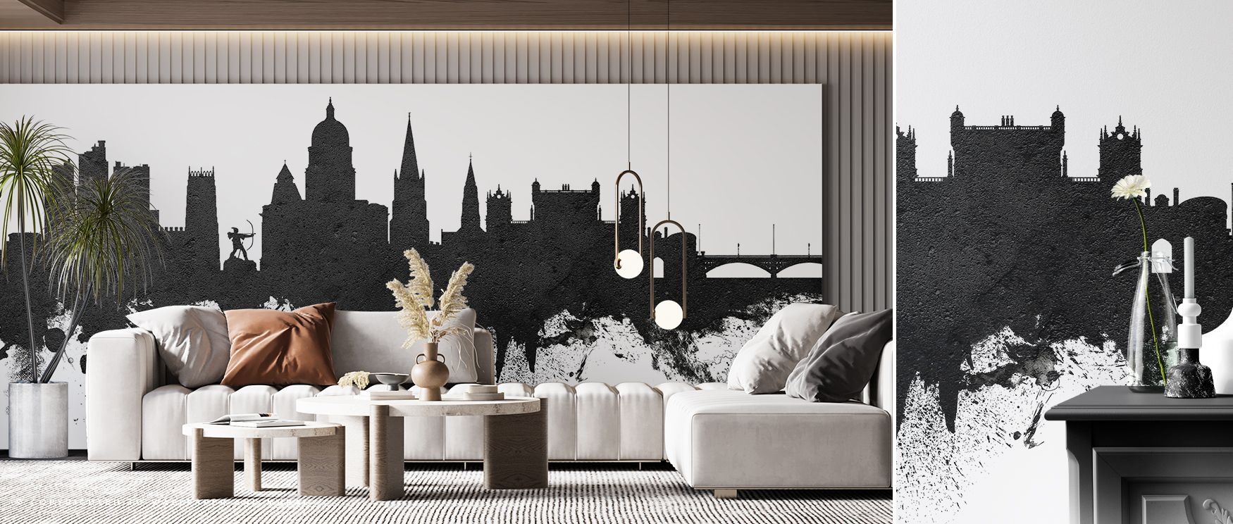 This wallpaper highlights Nottingham’s skyline in dramatic black and white, creating interiors that feel bold and stylish, perfect for living rooms or studies where walls gain cultural identity and decorative presence, making spaces refined reflections of
