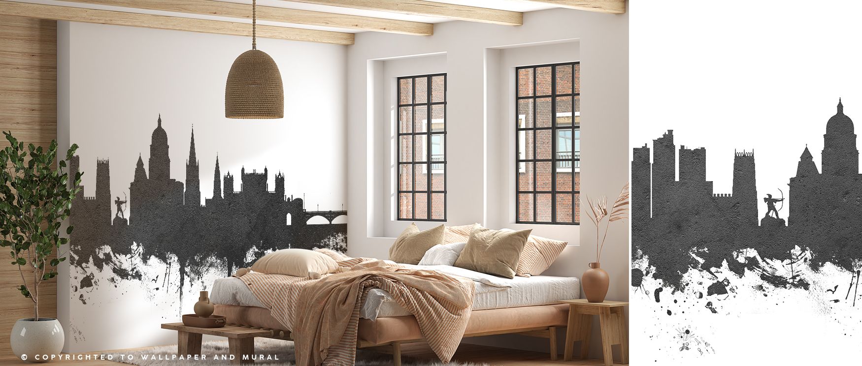 Sharp silhouettes rise in monochrome tones, interpreting Nottingham’s skyline with balance and refinement, producing interiors filled with elegance, ideal for bedrooms or offices where decorative artistry enriches spaces, offering timeless cultural pride 