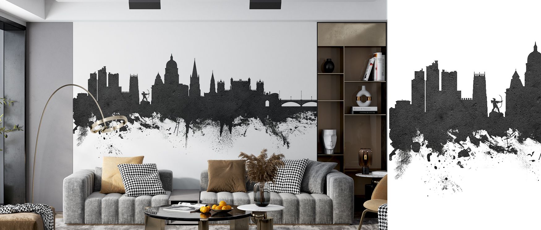 The skyline of Nottingham emerges in bold contrast, producing interiors filled with refinement and balance, perfect for bedrooms or living rooms where decorative artistry enriches design, offering cultural identity and timeless elegance in strong monochro