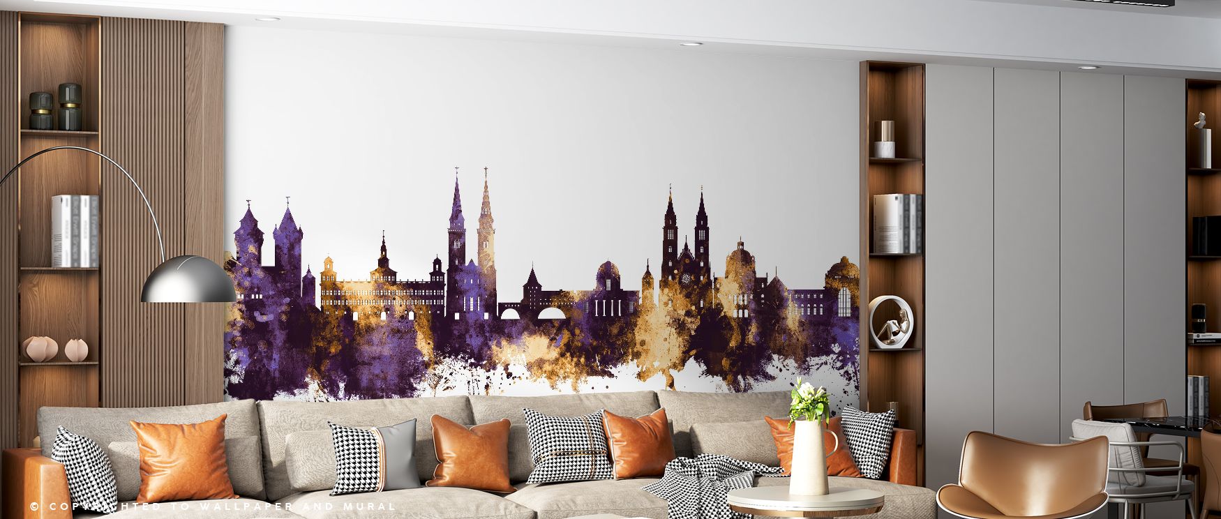 Nurnberg Germany Skyline Purple & Gold Wallpaper portrays regal architecture in glowing tones, producing interiors filled with cultural refinement, ideal for bedrooms or offices where walls require vibrancy and sophistication, offering timeless artistry a